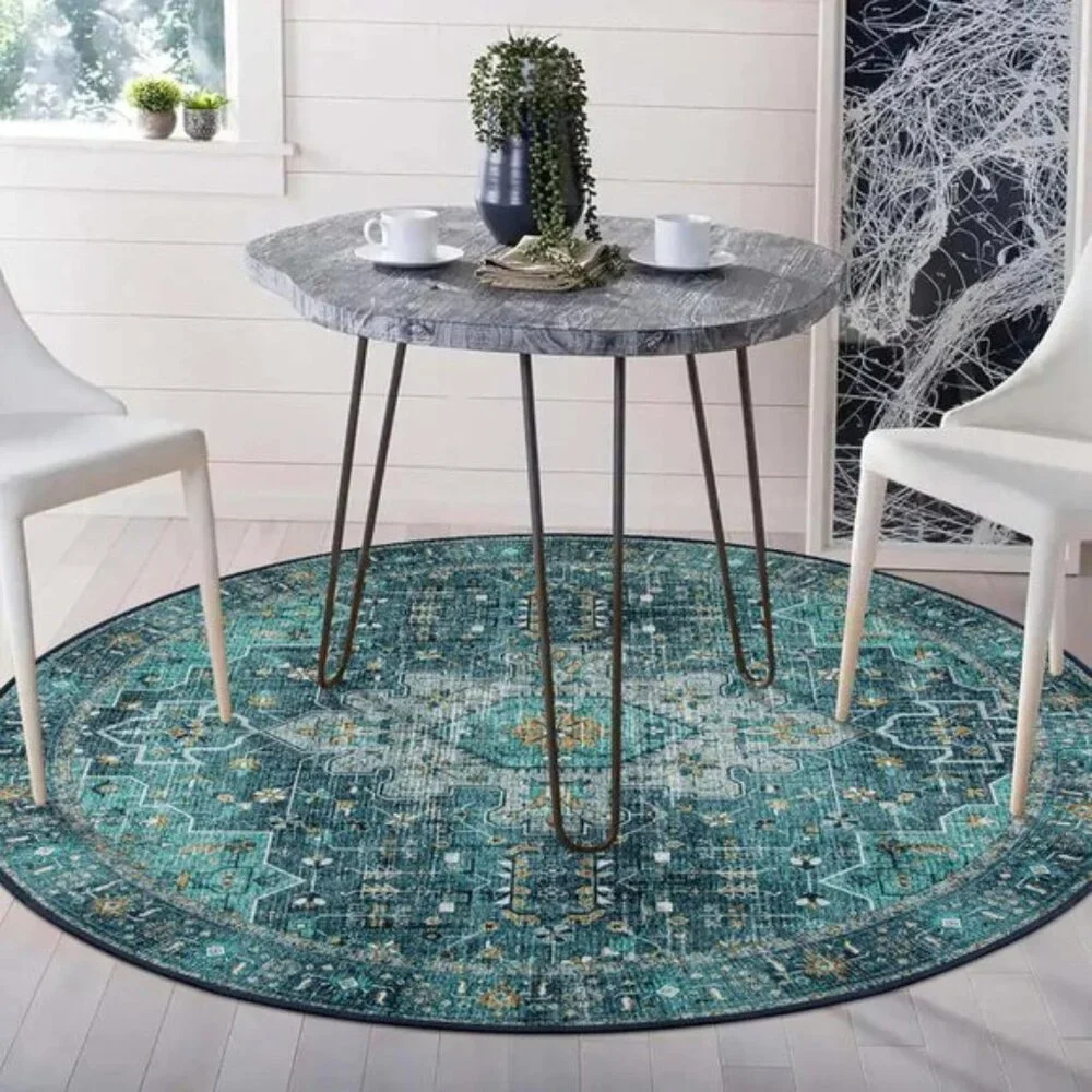 Ultra-Thin 4ft Round Rug, Washable Teal Oriental Carpet for Home & Room Decor